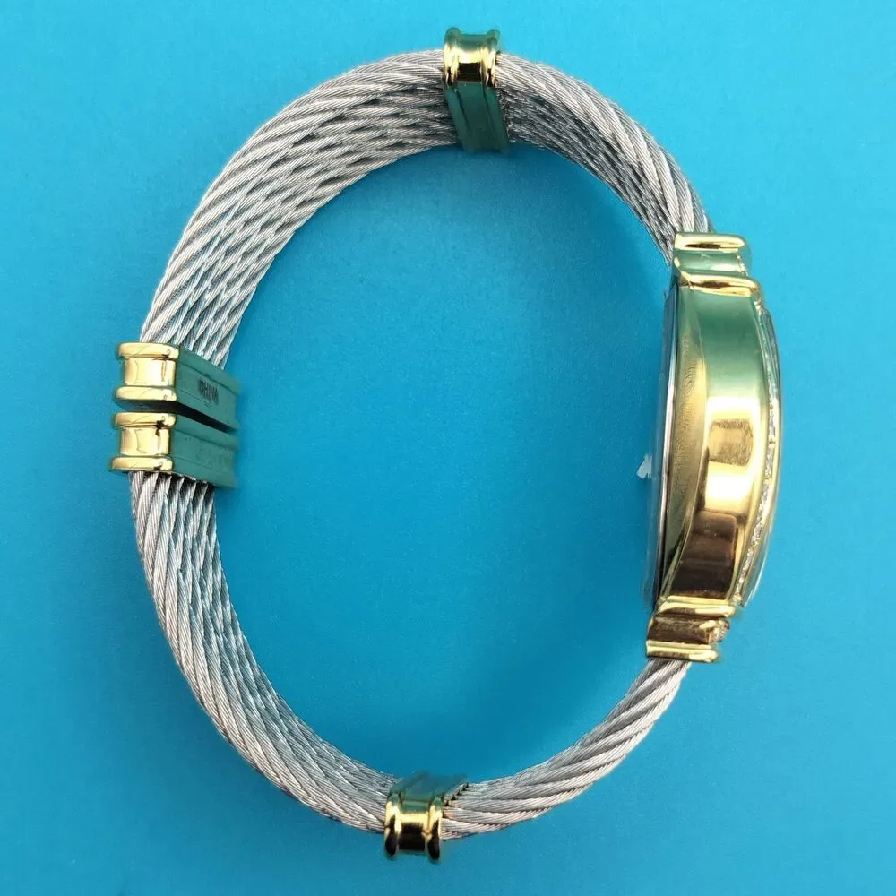 DMQ Women's Gold Tone Cubic Zirconia Mother of Pearl Dial Cable Bangle Watch